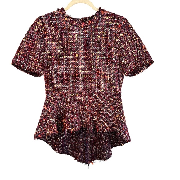 Zara Boucle High Low Peplum Top Short Sleeve Purple Multicolor Raw Edge Fringe S - Picture 2 of 13